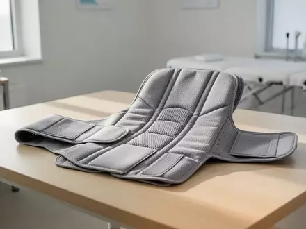 Eine hochwertige Rückenorthese aus nachhaltigem Textilmaterial liegt auf einem hellen Holztisch in einer Praxis. - Foto: über boerse-global.de