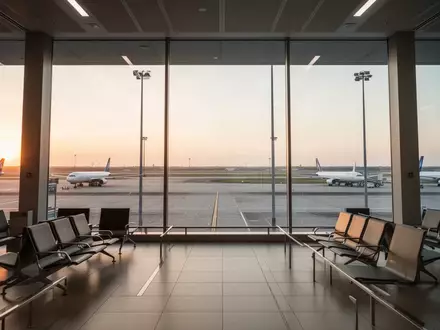 Moderner, leerer Flughafen-Abflugbereich bei Sonnenaufgang mit Blick auf das Rollfeld. - Foto: über boerse-global.de