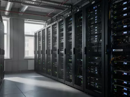 Moderne Serveranlage in einem Rechenzentrum in Kiew mit dunklen Serverracks und technischen Geräten. - Foto: über boerse-global.de