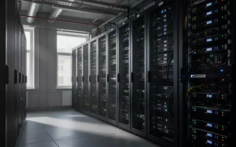 Moderne Serveranlage in einem Rechenzentrum in Kiew mit dunklen Serverracks und technischen Geräten. - Foto: über boerse-global.de