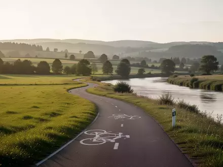 Ein ruhiger Fahrradweg entlang eines Flusses in einer ländlichen Sommerlandschaft bei goldenem Licht. - Foto: über boerse-global.de