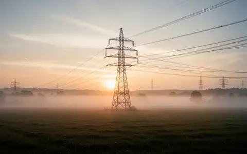 Ein Hochspannungsmast auf einem nebligen Feld bei Sonnenaufgang. - Foto: über boerse-global.de