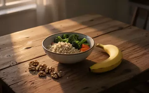 Eine Schale mit Quinoa, Gemüse und Nüssen auf einem Holztisch im sanften Abendlicht. - Foto: über boerse-global.de
