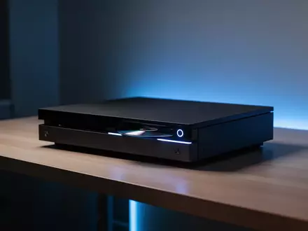 Eine moderne Spielkonsole mit optischem Laufwerk auf einem minimalistischen Schreibtisch bei dezenter blauer Beleuchtung. - Foto: über boerse-global.de