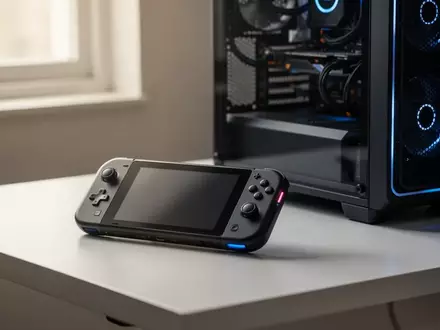 Ein Handheld-Spielgerät und ein leistungsstarker Desktop-PC auf einem modernen Schreibtisch in einer professionellen Aufnahme. - Foto: über boerse-global.de