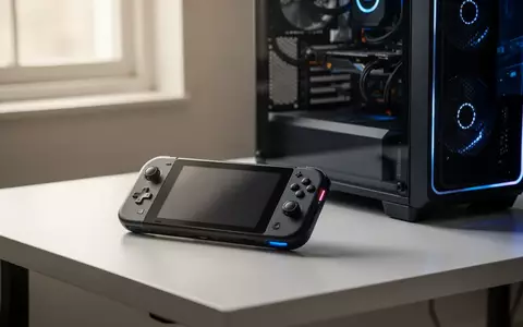 Ein Handheld-Spielgerät und ein leistungsstarker Desktop-PC auf einem modernen Schreibtisch in einer professionellen Aufnahme. - Foto: über boerse-global.de