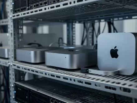 Mehrere Apple Mac mini und Mac Studio Computer in einem modernen Serverraum für KI-Infrastruktur. - Foto: über boerse-global.de