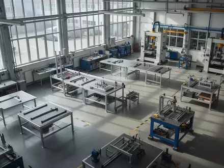 Leere Arbeitsplätze in einer modernen deutschen Werkshalle bei Tageslicht. - Foto: über boerse-global.de