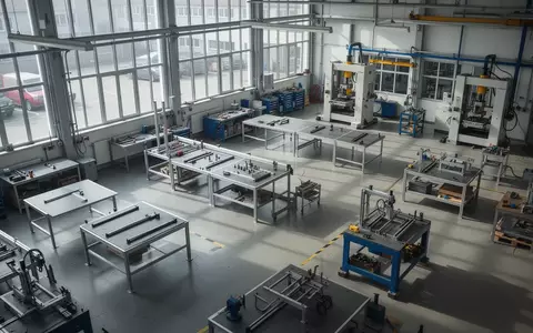 Leere Arbeitsplätze in einer modernen deutschen Werkshalle bei Tageslicht. - Foto: über boerse-global.de