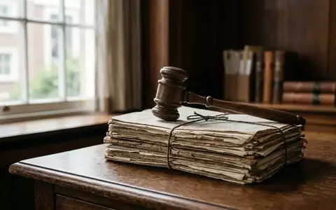 Ein Richterhammer liegt auf einem Stapel offizieller Dokumente auf einem hölzernen Schreibtisch. - Foto: über boerse-global.de