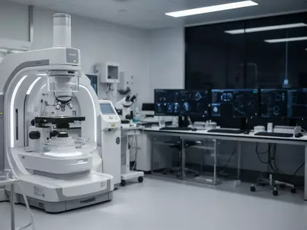 Modernes medizinisches Forschungslabor mit diagnostischen Geräten und dunklen Computerarbeitsplätzen. - Foto: über boerse-global.de