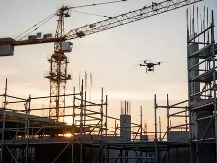 Eine Baustelle mit Gerüsten und einem Baukran bei Sonnenuntergang, ergänzt durch eine Drohne für Bauinspektionen. - Foto: über boerse-global.de