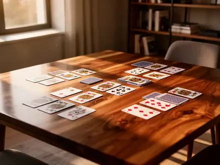 Ein Set Spielkarten auf einem Holztisch in einem hellen Raum zur Symbolisierung kognitiven Trainings. - Foto: über boerse-global.de