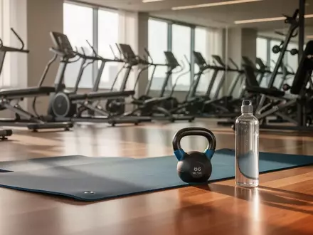 Minimalistisch eingerichteter Fitnessraum mit Sportgeräten wie einer Yogamatte und einer Kettlebell auf einem Holzboden. - Foto: über boerse-global.de