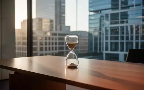 Ein minimalistisches Büro mit einer Sanduhr auf einem Holztisch vor einer modernen Stadtfassade. - Foto: über boerse-global.de