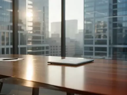 Moderner, minimalistischer Schreibtisch in einem Büro mit Blick auf ein Geschäftsviertel bei Morgenlicht. - Foto: über boerse-global.de