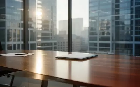 Moderner, minimalistischer Schreibtisch in einem Büro mit Blick auf ein Geschäftsviertel bei Morgenlicht. - Foto: über boerse-global.de