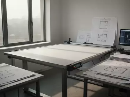 Ein minimalistischer Architekturschreibtisch mit Bauplänen in einem hellen, modernen Büro bei Tageslicht. - Foto: über boerse-global.de