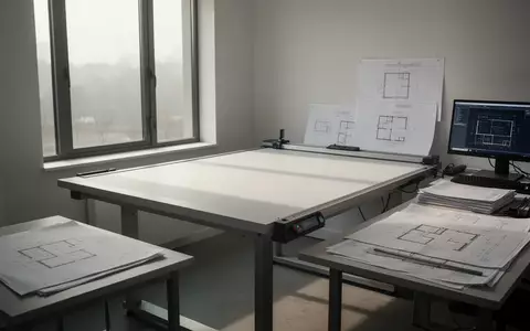 Ein minimalistischer Architekturschreibtisch mit Bauplänen in einem hellen, modernen Büro bei Tageslicht. - Foto: über boerse-global.de