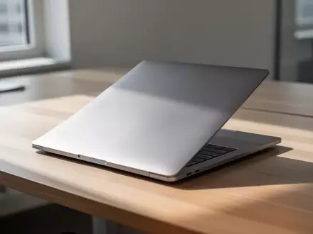 Ein geschlossener, hochwertiger Laptop auf einem minimalistischen Schreibtisch in einer hellen Büroumgebung. - Foto: über boerse-global.de