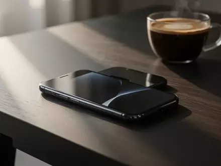 Ein modernes Smartphone liegt auf einem minimalistischen Holztisch in einem hellen, natürlich beleuchteten Raum. - Foto: über boerse-global.de