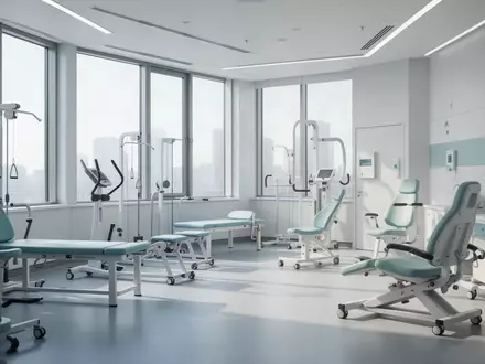Ein moderner, heller klinischer Rehabilitationsraum mit medizinischen Geräten und ergonomischen Möbeln. - Foto: über boerse-global.de