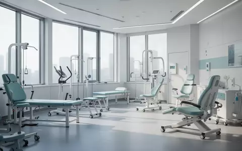 Ein moderner, heller klinischer Rehabilitationsraum mit medizinischen Geräten und ergonomischen Möbeln. - Foto: über boerse-global.de