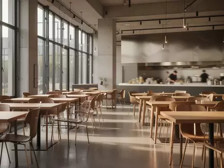 Modernes, minimalistisch gestaltetes Restaurant-Interieur mit großen Fenstern und geordneten Sitzbereichen. - Foto: über boerse-global.de