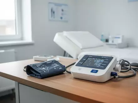 Ein professionelles Blutdruckmessgerät auf einem Schreibtisch in einem hellen, medizinischen Untersuchungsraum. - Foto: über boerse-global.de