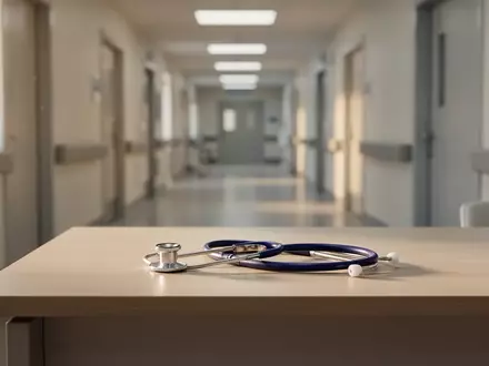 Ein minimalistisches, modernes Arztzimmer mit einem Stethoskop auf einem Holztisch vor einem unscharfen Klinikflur. - Foto: über boerse-global.de