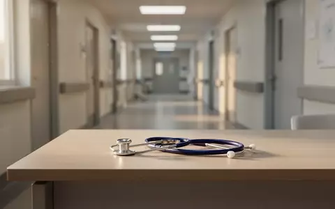 Ein minimalistisches, modernes Arztzimmer mit einem Stethoskop auf einem Holztisch vor einem unscharfen Klinikflur. - Foto: über boerse-global.de