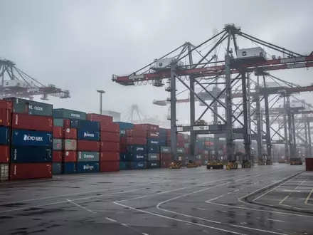 Leeres Containerterminal im Hamburger Hafen mit stillstehenden Verladekränen unter bewölktem Himmel. - Foto: über boerse-global.de