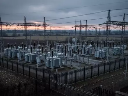 Ein großes, eingezäuntes Umspannwerk mit Hochspannungsmasten und Transformatoren in einer ländlichen Umgebung bei Dämmerung. - Foto: über boerse-global.de