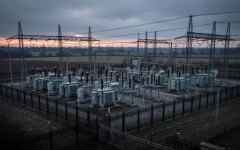 Ein großes, eingezäuntes Umspannwerk mit Hochspannungsmasten und Transformatoren in einer ländlichen Umgebung bei Dämmerung. - Foto: über boerse-global.de
