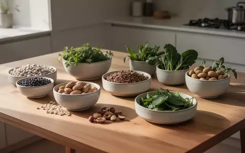 Verschiedene pflanzliche Lebensmittel wie Hülsenfrüchte und grünes Gemüse auf einem minimalistischen Holztisch. - Foto: über boerse-global.de