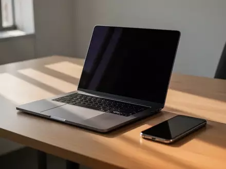 Ein minimalistischer Büroarbeitsplatz mit einem Laptop und einem Smartphone auf einem Holztisch bei natürlichem Licht. - Foto: über boerse-global.de