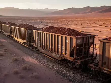 Ein Güterzug mit Kupfercontainern fährt durch die karge Landschaft der Atacama-Wüste bei Sonnenuntergang. - Foto: über boerse-global.de