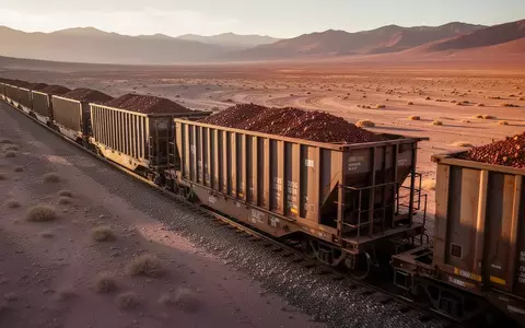 Ein Güterzug mit Kupfercontainern fährt durch die karge Landschaft der Atacama-Wüste bei Sonnenuntergang. - Foto: über boerse-global.de