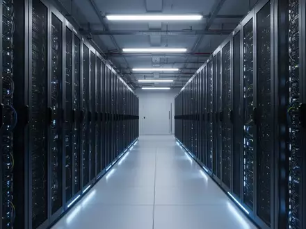 Ein moderner Serverraum mit blau beleuchteten Serverschränken in einer symmetrischen Anordnung. - Foto: über boerse-global.de