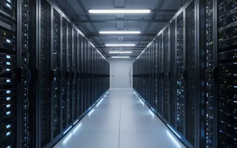 Ein moderner Serverraum mit blau beleuchteten Serverschränken in einer symmetrischen Anordnung. - Foto: über boerse-global.de