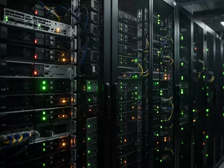 Reihen von Server-Racks in einem dunklen Rechenzentrum mit leuchtenden Status-LEDs als Symbol für digitale Infrastruktur. - Foto: über boerse-global.de