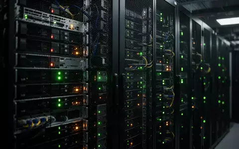 Reihen von Server-Racks in einem dunklen Rechenzentrum mit leuchtenden Status-LEDs als Symbol für digitale Infrastruktur. - Foto: über boerse-global.de