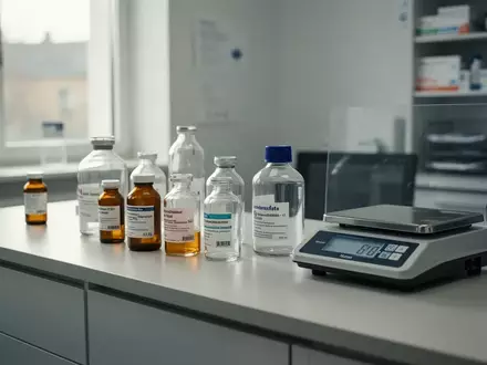 Leerer Apothekentresen mit medizinischen Utensilien und Glasflaschen in einer sterilen Umgebung. - Foto: über boerse-global.de