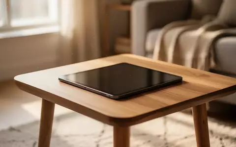 Ein ausgeschaltetes Tablet auf einem Holztisch in einem hellen, freundlich gestalteten Wohnraum. - Foto: über boerse-global.de