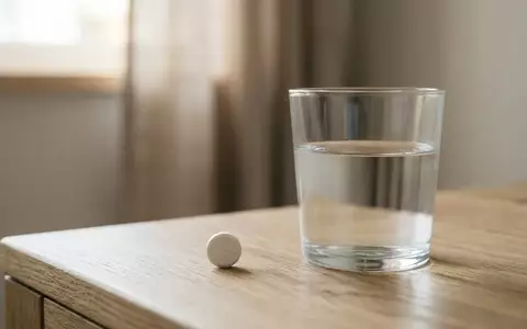 Eine einzelne weiße Tablette neben einem Glas Wasser auf einer minimalistischen Holzoberfläche. - Foto: über boerse-global.de