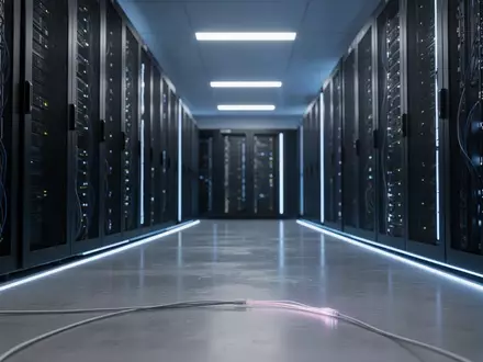 Ein moderner Serverraum mit blau beleuchteten Server-Racks, die eine professionelle IT-Infrastruktur darstellen. - Foto: über boerse-global.de