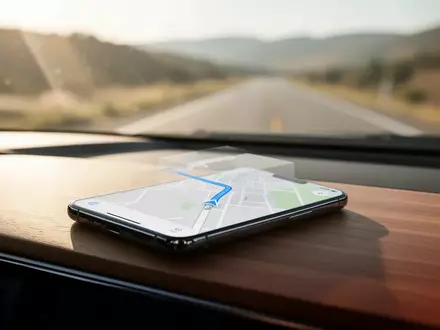 Ein Smartphone mit einer Navigations-App auf dem Armaturenbrett eines Autos vor einer verschwommenen Straßenlandschaft. - Foto: über boerse-global.de