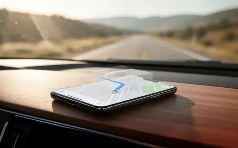 Ein Smartphone mit einer Navigations-App auf dem Armaturenbrett eines Autos vor einer verschwommenen Straßenlandschaft. - Foto: über boerse-global.de