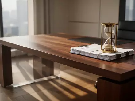 Ein moderner Schreibtisch mit einer Sanduhr und gebündelten juristischen Dokumenten in einem hellen Büro. - Foto: über boerse-global.de