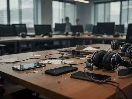 Verlassene Arbeitsplätze in einem Büro mit mehreren Smartphones und Headsets auf den Tischen. - Foto: über boerse-global.de